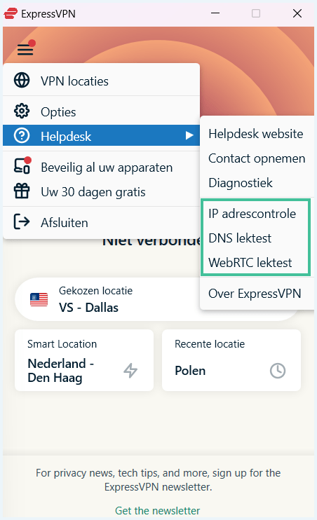 IP adrescontrole, DNS lektest en WebRTC lektest in de ExpressVPN app