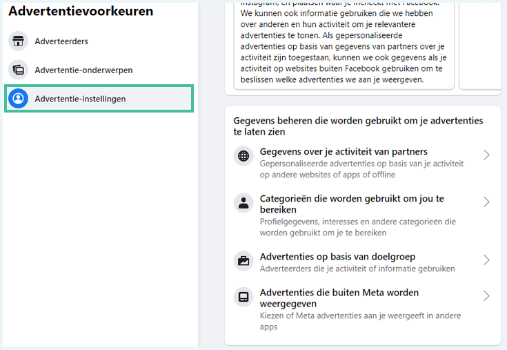 Facebook menu Advertentievoorkeuren waarbij Advertentie-instellingen is uitgelicht