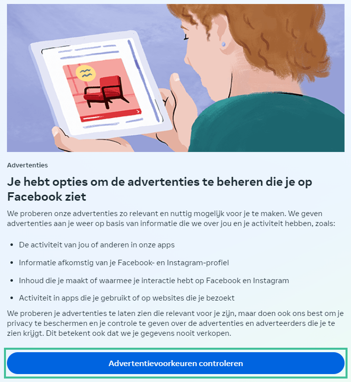 De knop Advertentievoorkeuren controleren uitgelicht op Facebook