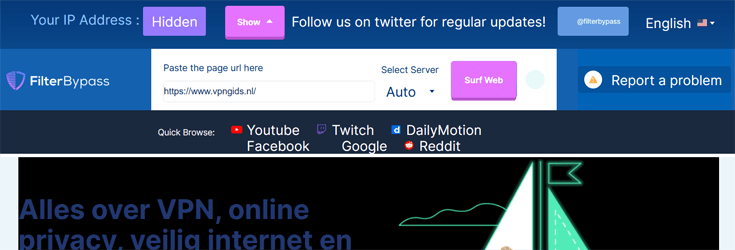 Navigatiebalk van de proxywebsite FilterBypass bij het bezoeken van de website VPNGids