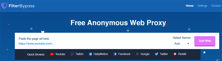 Homepage van de proxywebsite FilterBypass