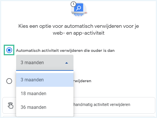 De optie Automatisch activiteit verwijderen die ouder is dan aangevinkt bij instellingen in Google