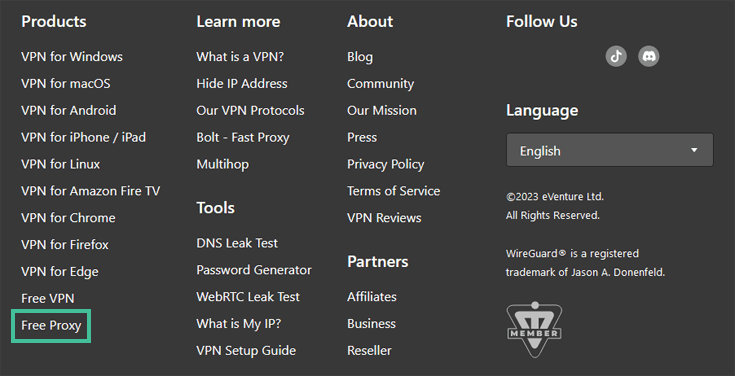 Footer van de website van Hide.Me waarbij Free Proxy is uitgelicht