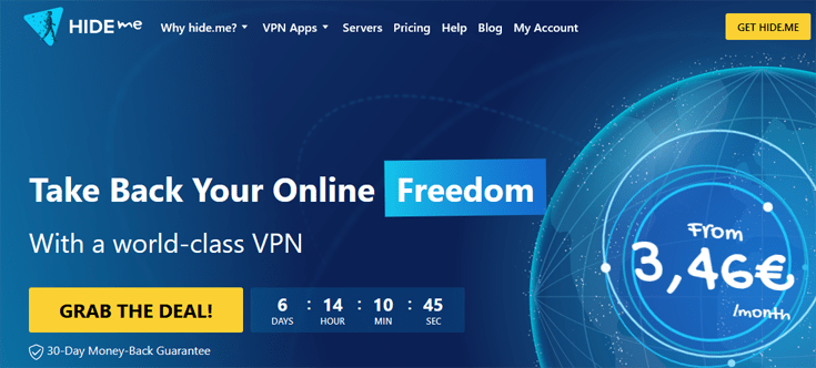 Homepage van de website Hide.me