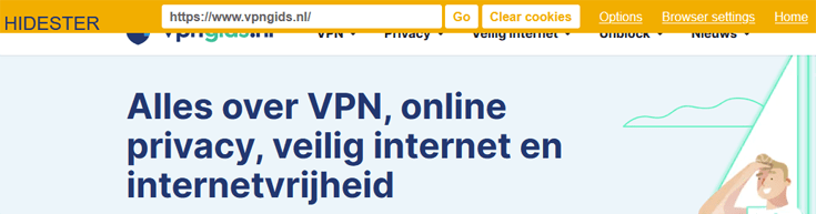 Navigatiebalk van de proxywebsite Hidester bij het bezoeken van de website VPNGids