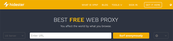Homepage van de proxywebsite Hidester