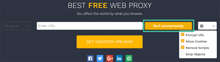 URL invoerbalk voor de proxywebsite Hidester