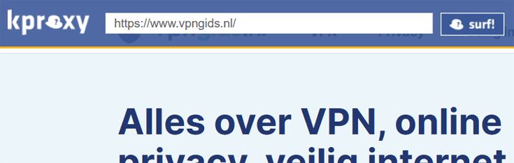 Navigatiebalk van de proxywebsite KProxy bij het bezoeken van de website VPNGids