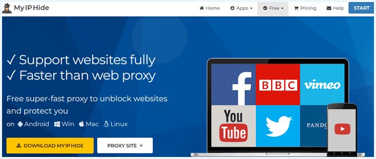 Homepage van de proxywebsite My IP Hide