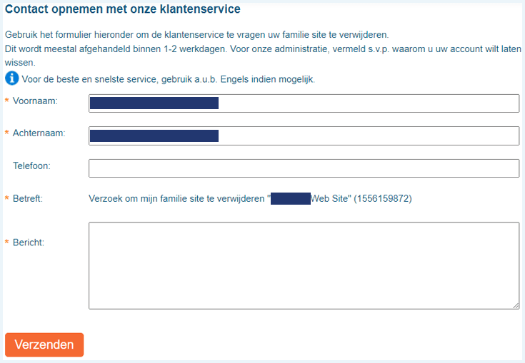 Het formulier om contact op te nemen met de klantenservice van MyHeritage
