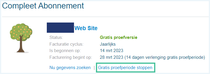 Het scherm Compleet abonnement op de MyHeritage website waarbij Gratis proefperiode stoppen is uitgelicht