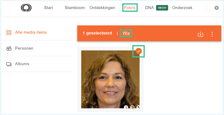 Het scherm Foto's op de MyHeritage website waarbij Wis is uitgelicht