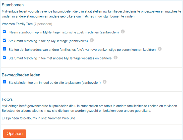 Het scherm met de instellingen van je Stamboomwebsite op de MyHeritage website