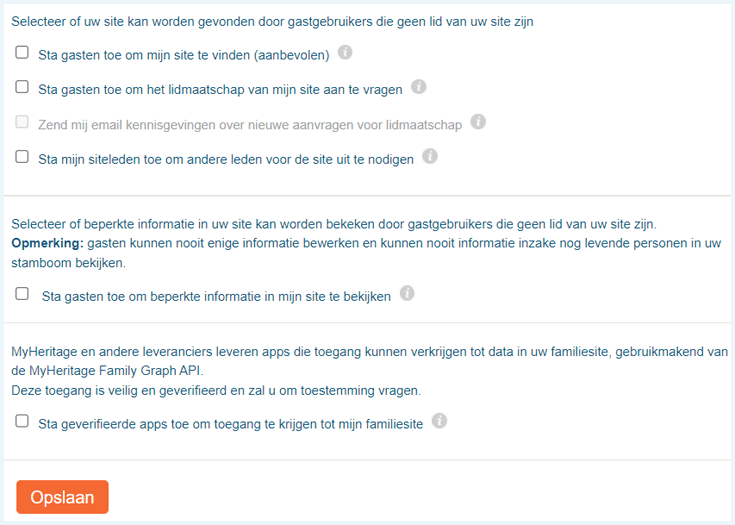 Het scherm om de toegang tot je Stamboomwebsite te beheren op de MyHeritage website