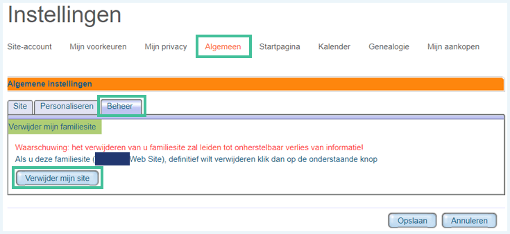Het scherm Instellingen Algemeen op de MyHeritage website waarbij Verwijder mijn site is uitgelicht