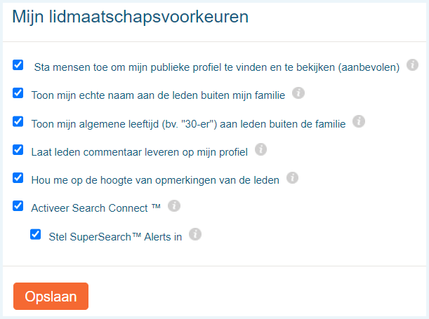 Het scherm Mijn Lidmaatschapsvoorkeuren op de MyHeritage website