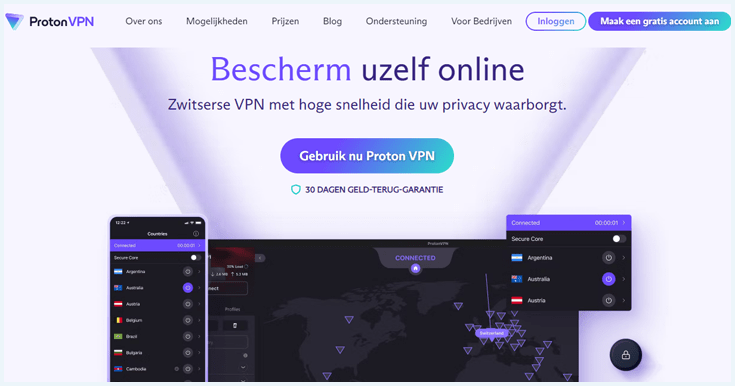 Homepage van de ProtonVPN website