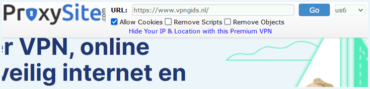 Navigatiebalk van de proxywebsite ProxySite bij het bezoeken van de website VPNGids