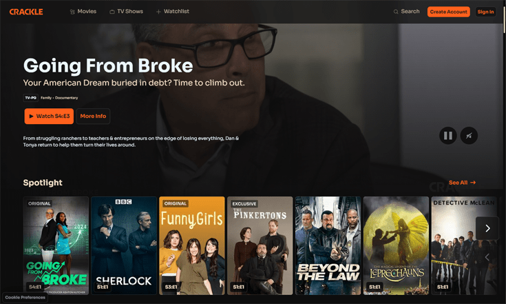 Homepage van de streamingdienst Crackle