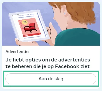 Aan de slag knop van de Advertenties tegel op Facebook uitgelicht