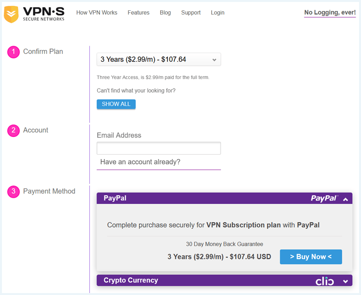 Betaalpagina op de website van VPNSecure