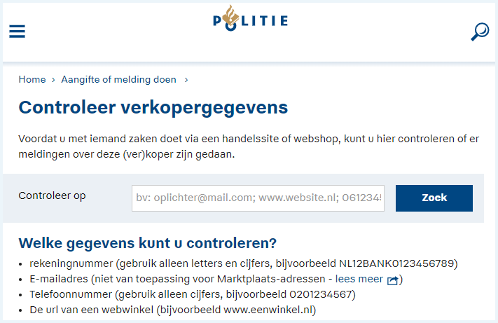 De pagina Controleer Verkopergegevens op de website van de Politie