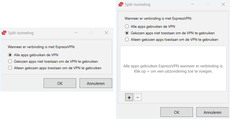 Split tunneling opties van ExpressVPN naast elkaar