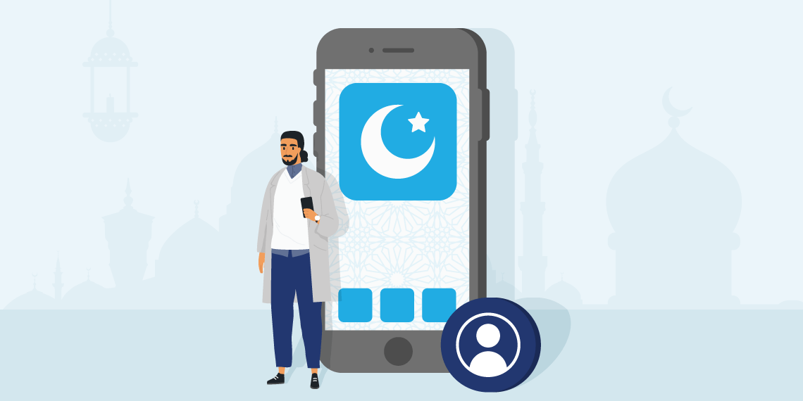 Ramadan app op smartphone naast een incognito-symbool en een man met smartphone