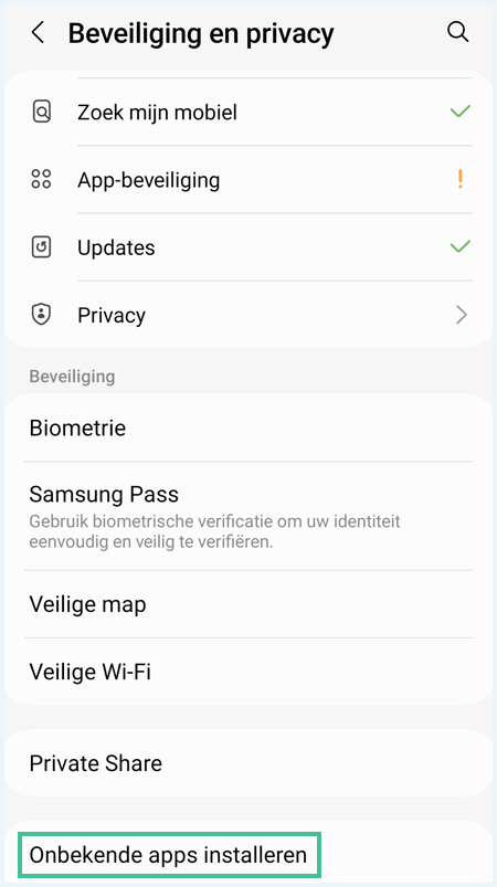 Android menu Beveiliging en privacy waarbij Onbekende apps installeren is uitgelicht