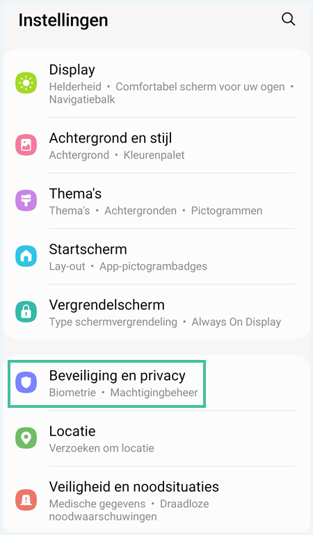 Het menu Instellingen in Android waarbij Beveiliging en Privacy is uitgelicht