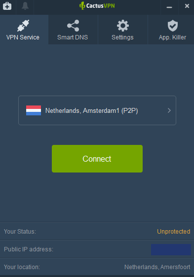 App van CactusVPN waarbij de VPN niet verbonden is