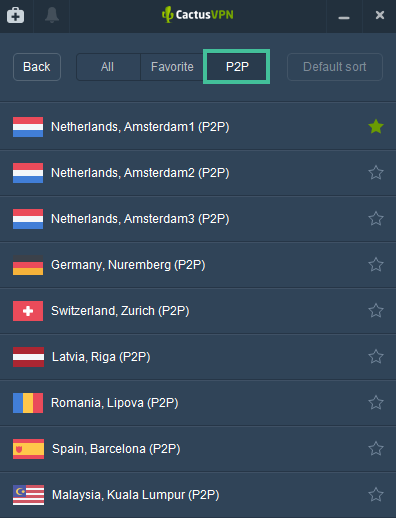 P2P servers in de app van CactusVPN