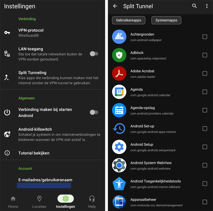 Android app-instellingen en Split Tunnel scherm van de IPVanish software