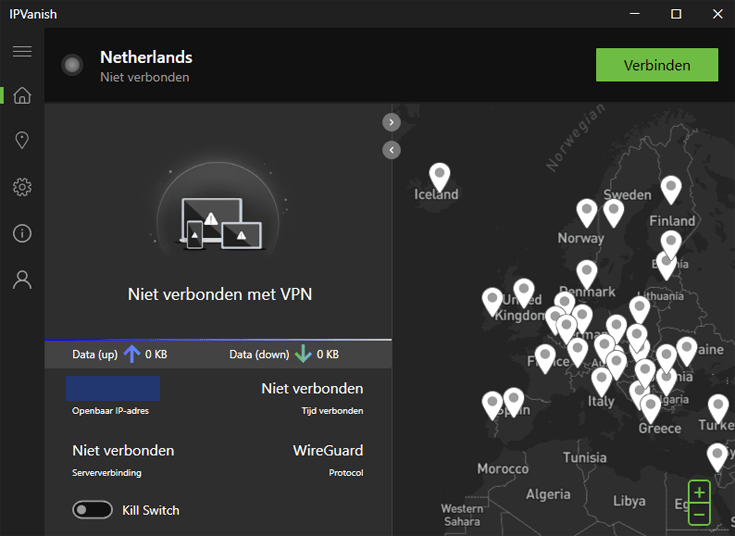 VPN-app van IPVanish die niet verbonden is
