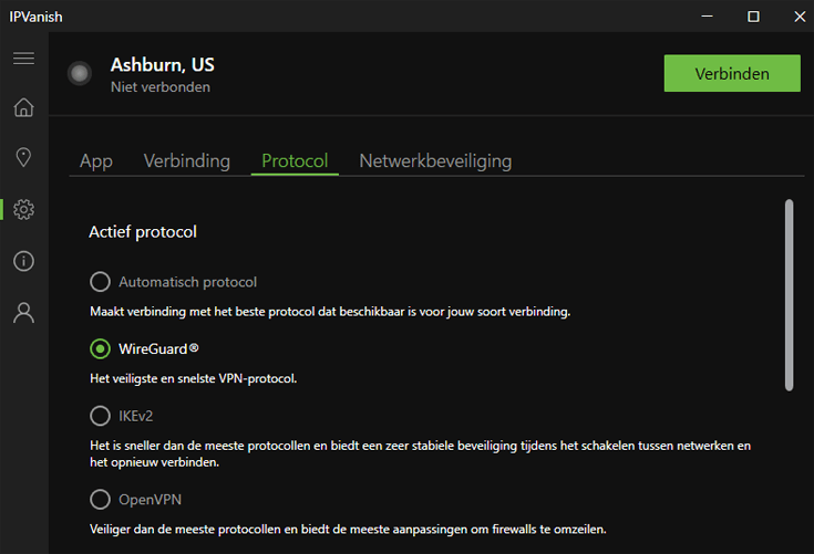 Protocollen in de VPN-app van IPVanish