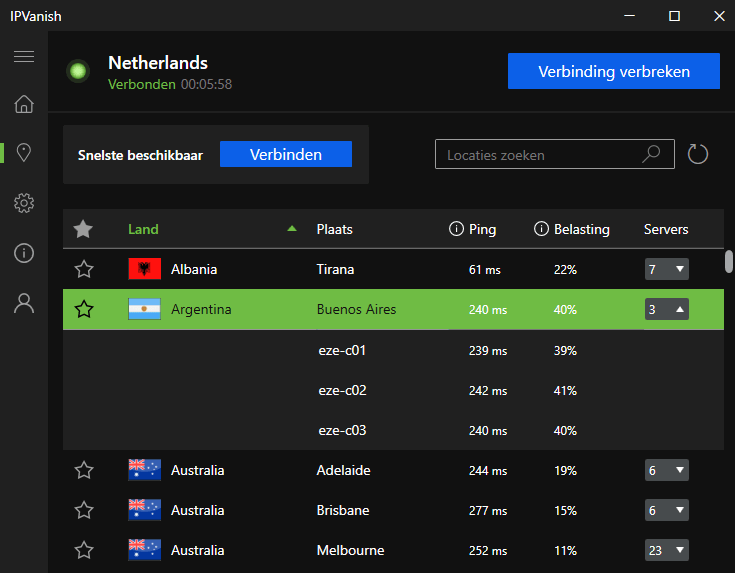 Serverlocaties in de VPN-app van IPVanish