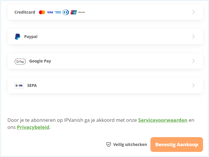 Betaalmethoden van IPVanish zoals vermeld op hun website