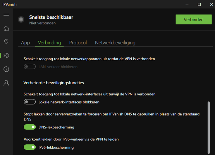 Lekbescherming-instellingen van IPVanish in de VPN-app