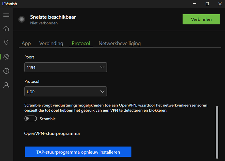 OpenVPN instellingen van IPVanish in de VPN-app