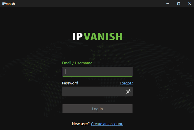 Loginscherm van de IPVanish app