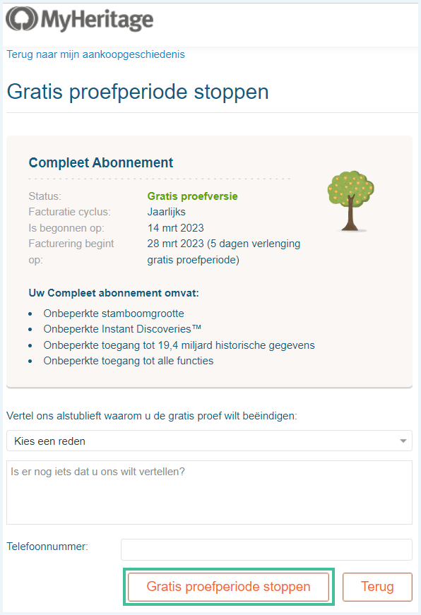 Aankoopgeschiedenis pagina op MyHeritage waarbij Gratis proefperiode stoppen is uitgelicht