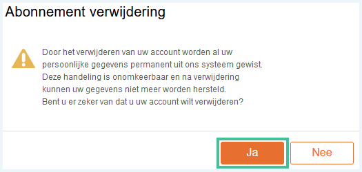 Het scherm Abonnement verwijdering van MyHeritage waarbij Ja uitgelicht
