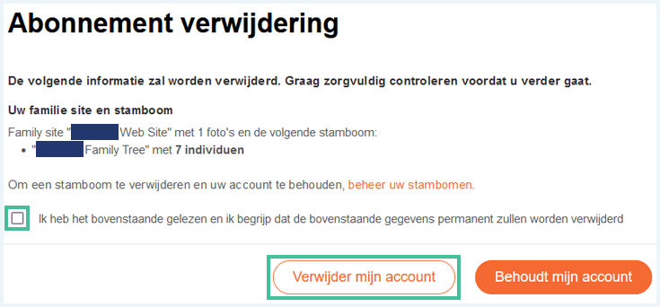 Het scherm Abonnement verwijdering van MyHeritage waarbij Verwijder mijn account is uitgelicht