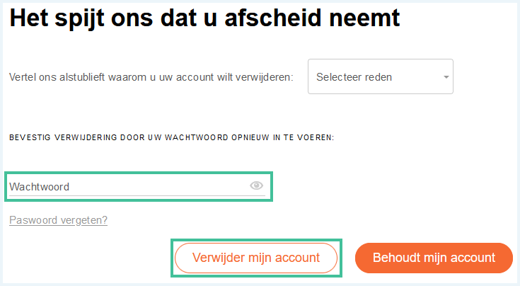 Het scherm Het spijt ons dat u afscheid neemt van MyHeritage waarbij Verwijder mijn account is uitgelicht