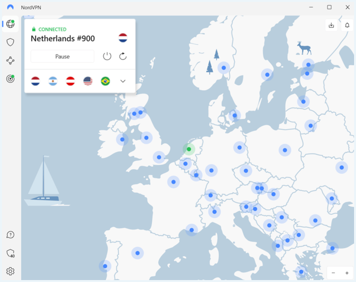 NordVPN app die verbonden is met een Nederlandse server