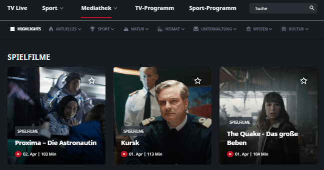 Screenshot Webseite von ServusTV mit Spielfilmen: Proxima, Kursk, The Quake
