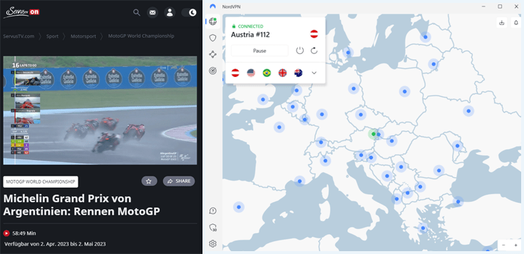 Een MotoGP stream op ServusTV naast de software van NordVPN