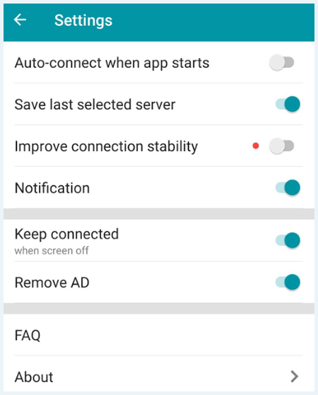 Instellingen in de Thunder VPN app