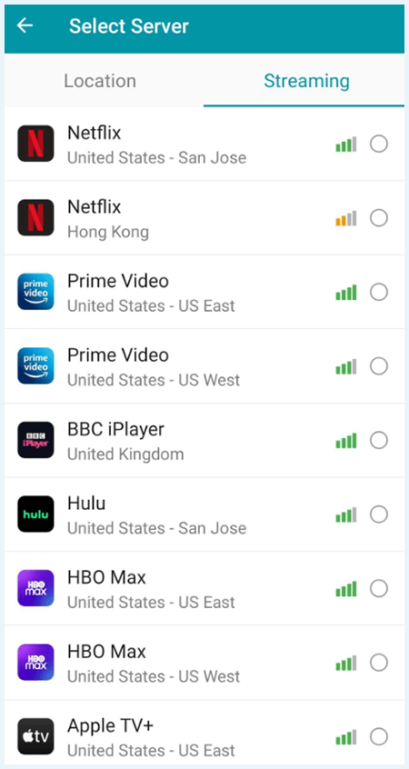 Lijst met streaming servers in de Thunder VPN app