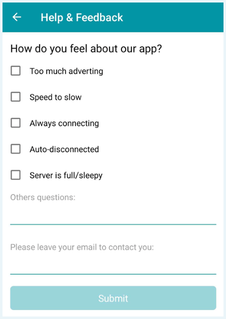 Het scherm Help & Feedback in de Thunder VPN app